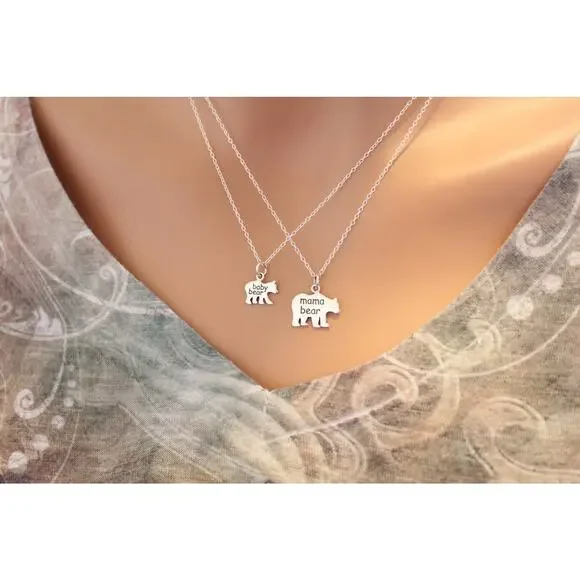 Sterling Silver Mama Bear and Baby Bear Necklace Set